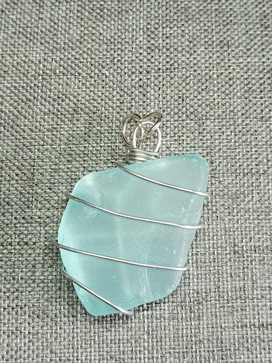 Chunky Aqua Sea Glass Wire Wrapped Pendant