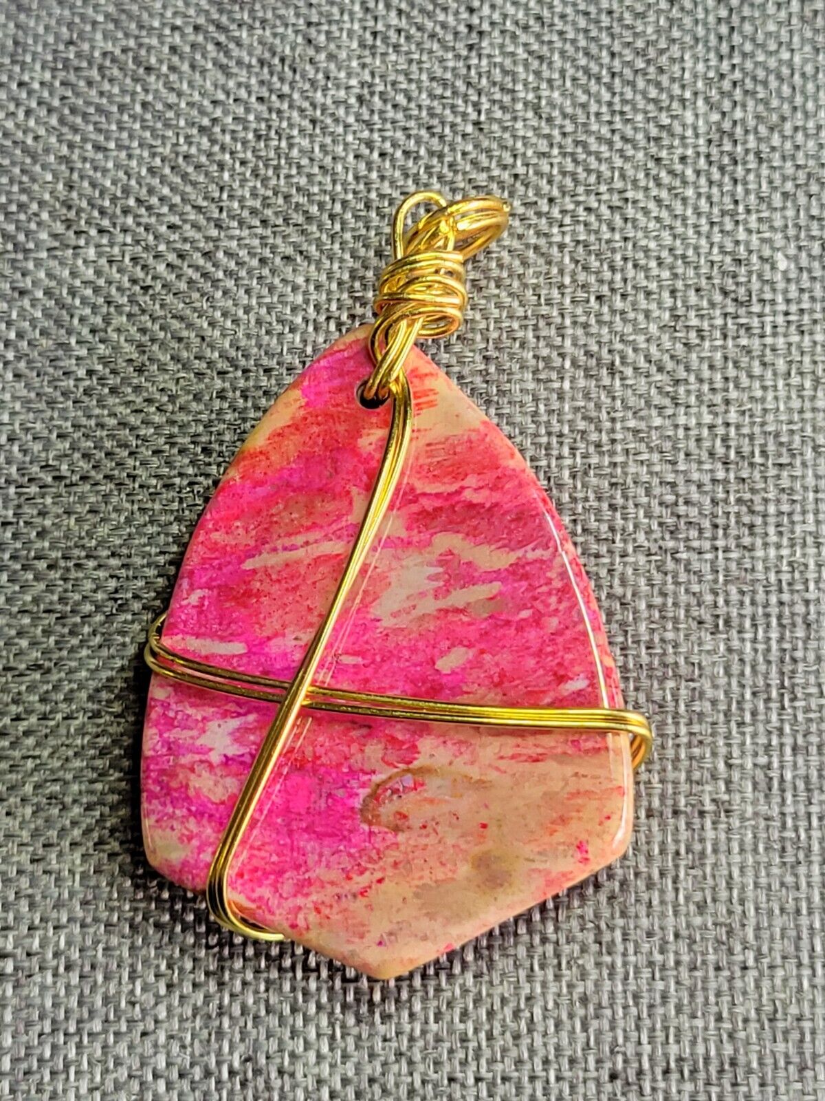 Wire Wrapped Fossilized Coral Fuchsia Pink Shield Shaped Pendant