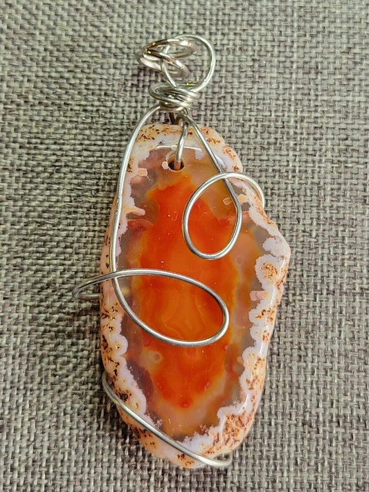 Wire Wrapped Orange Sliced Agate Pendant