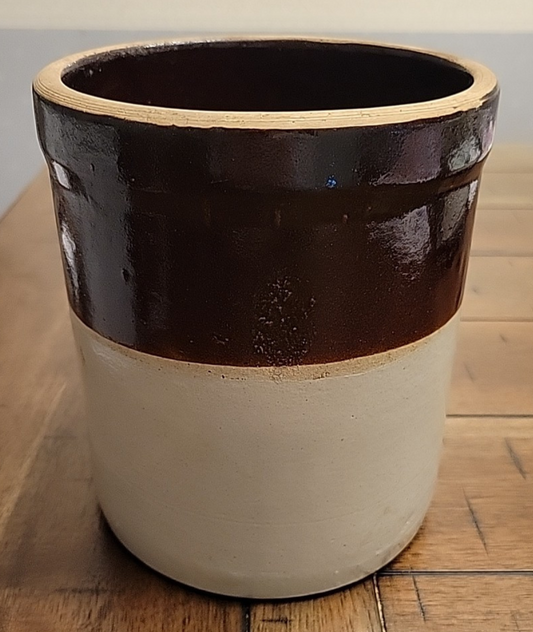 Vintage Two Tone Brown Primitive Kitchen Crock 6.5" VGC