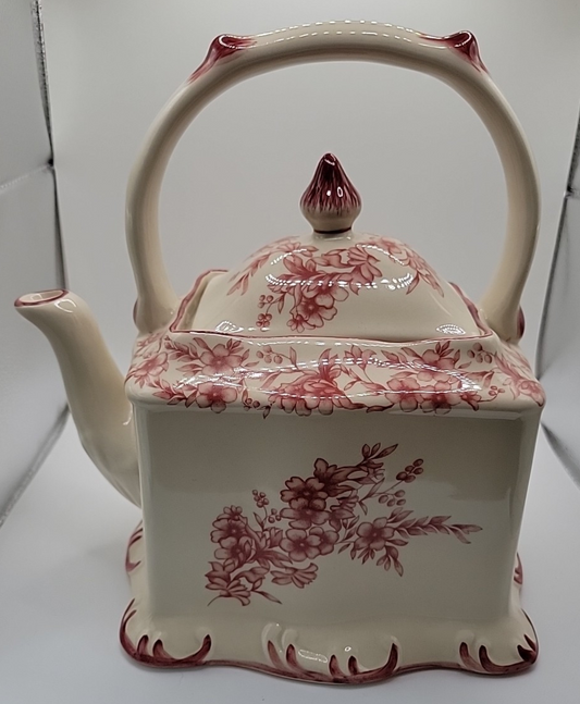 Cracker Barrel Ceramic Transferware Teapot  In Cream & Red Floral c.2000
