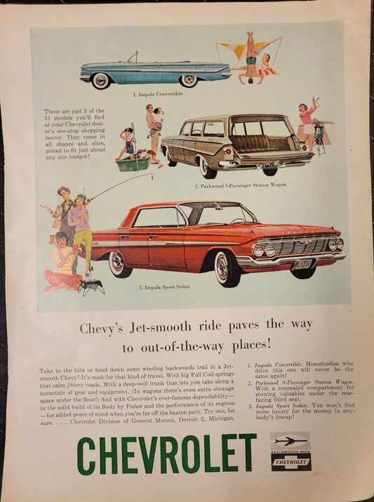 1961 Chevrolet Parkwood Station Wagon, Impala Convertible Vintage Color Print Ad