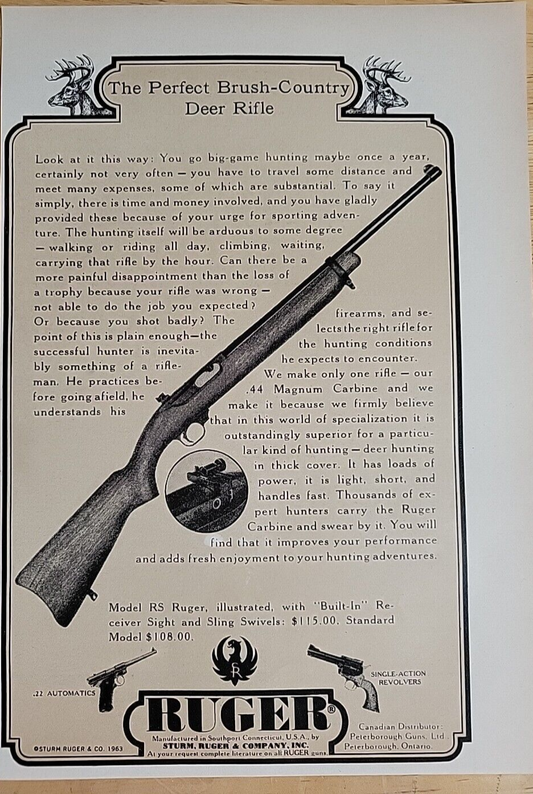 Vintage Ad Sturm Ruger & Co. 'The Perfect Brush Country Deer Rifle' 1963