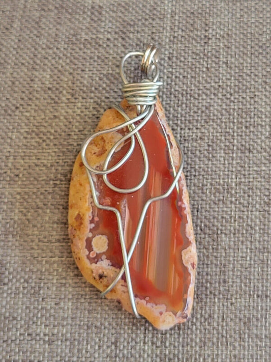 Wire Wrapped Orange Sliced Agate Pendant