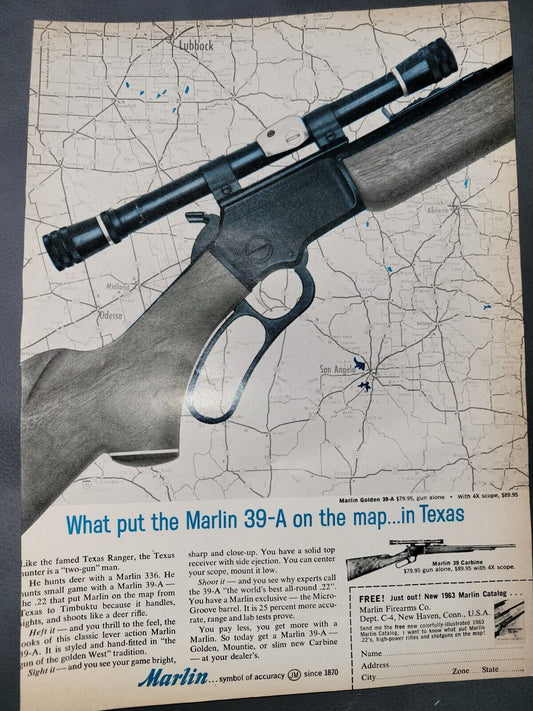 Vintage Marlin 39-A Carbine Rifle Put Marlin on The Map In Texas Print Ad 1961