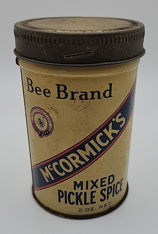 Vintage McCormick's Bee Brand Mix Pickle Spice Round Tin  2 Oz 1936