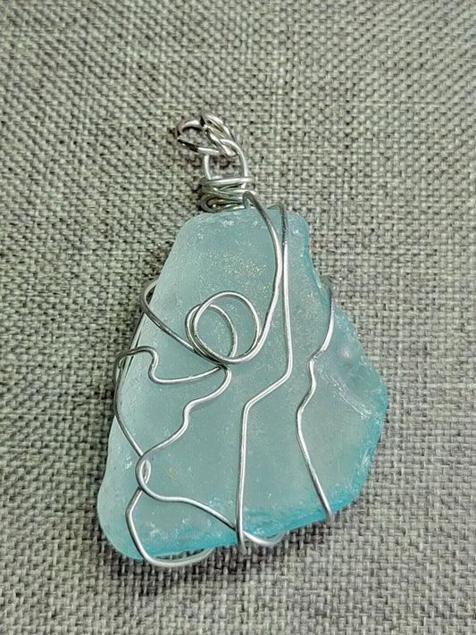 Wire Wrapped Chunky Sea Glass Pendant In Aqua