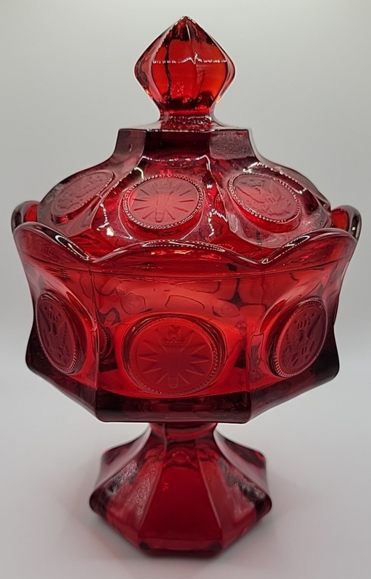 Vintage Fostoria Ruby Glass Coin Dot Footed Covered Candy Compote Dish