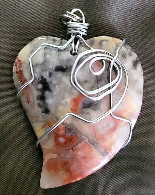 Crazy Lace Heart Shape Agate Wire Wrap Pendant