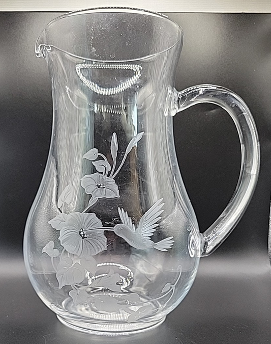 AVON CLEAR MOUTH BLOWN GLASS PITCHER ETCHED HUMMINGBIRD