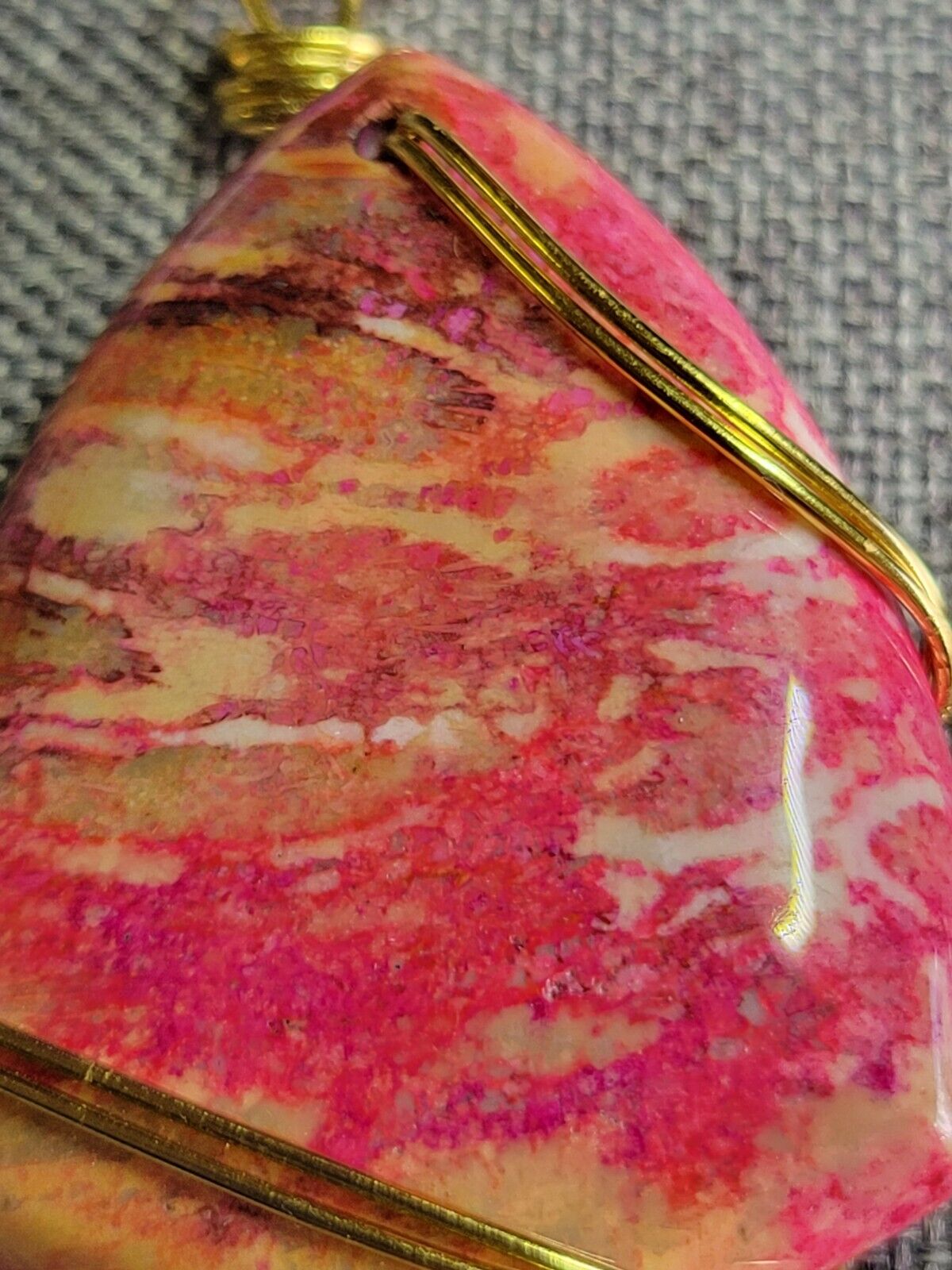 Wire Wrapped Fossilized Coral Fuchsia Pink Shield Shaped Pendant