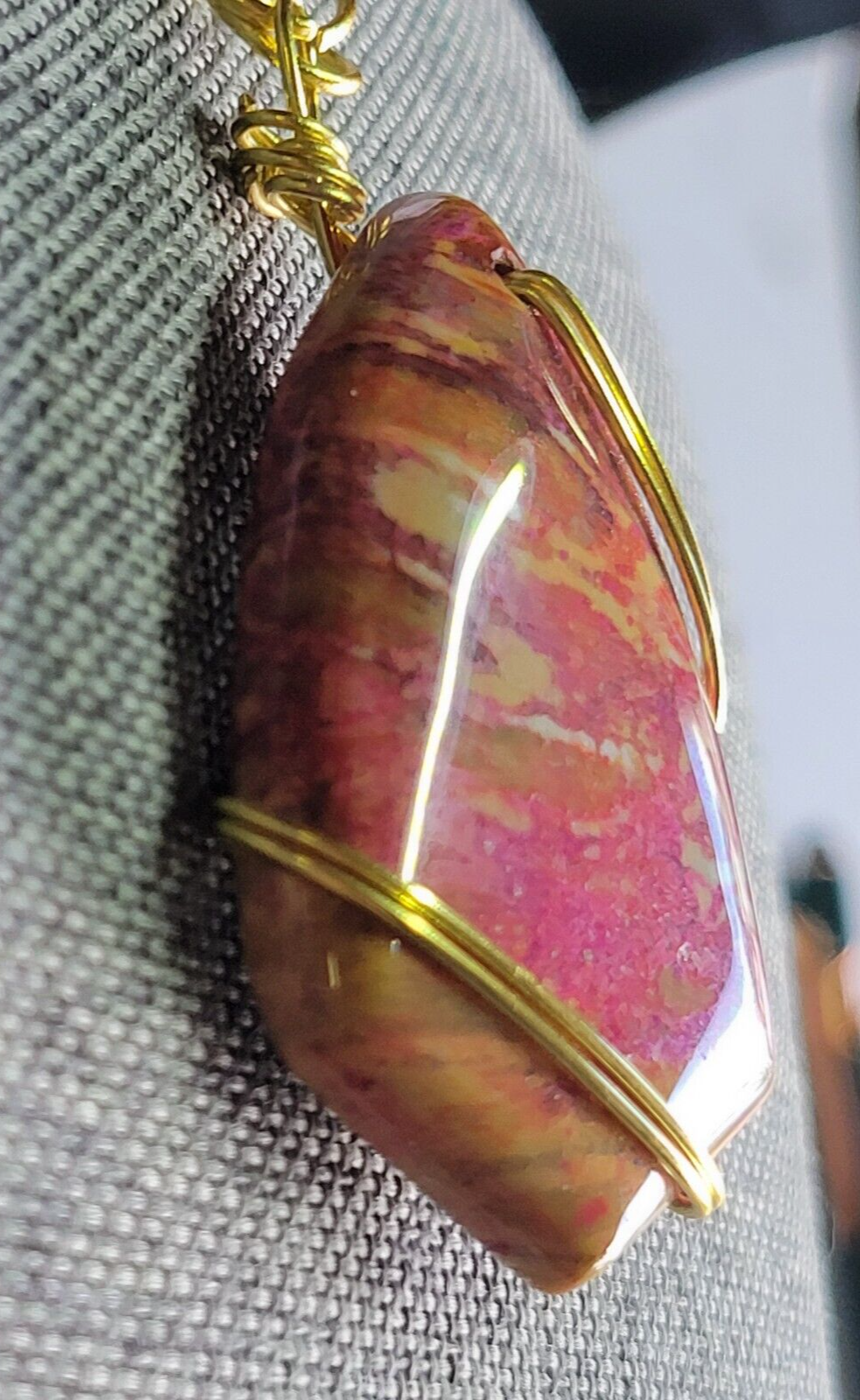 Wire Wrapped Fossilized Coral Fuchsia Pink Shield Shaped Pendant
