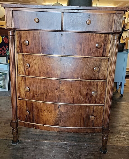 Vintage Golden Oak Veneer 2 Over 4 Tall Boy Dresser Chest of Drawers