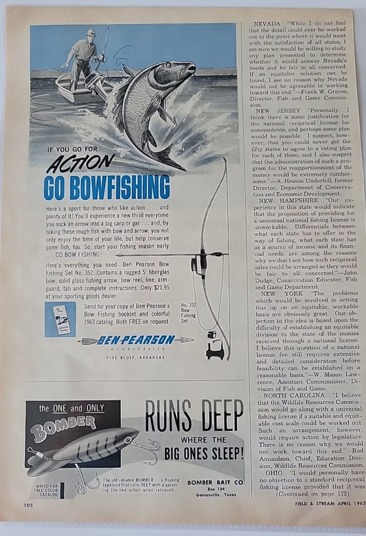 Vintage Fishing 1963 Print Ad ACTION GO BOWFISHING, Ben Pearson - BOMBER BAIT CO