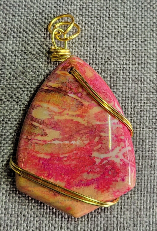 Wire Wrapped Fossilized Coral Fuchsia Pink Shield Shaped Pendant